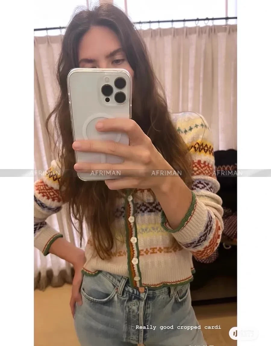 

Women Fair Isle Multi Color Striped V Neck Wool Cashmere Cardigans Sweater