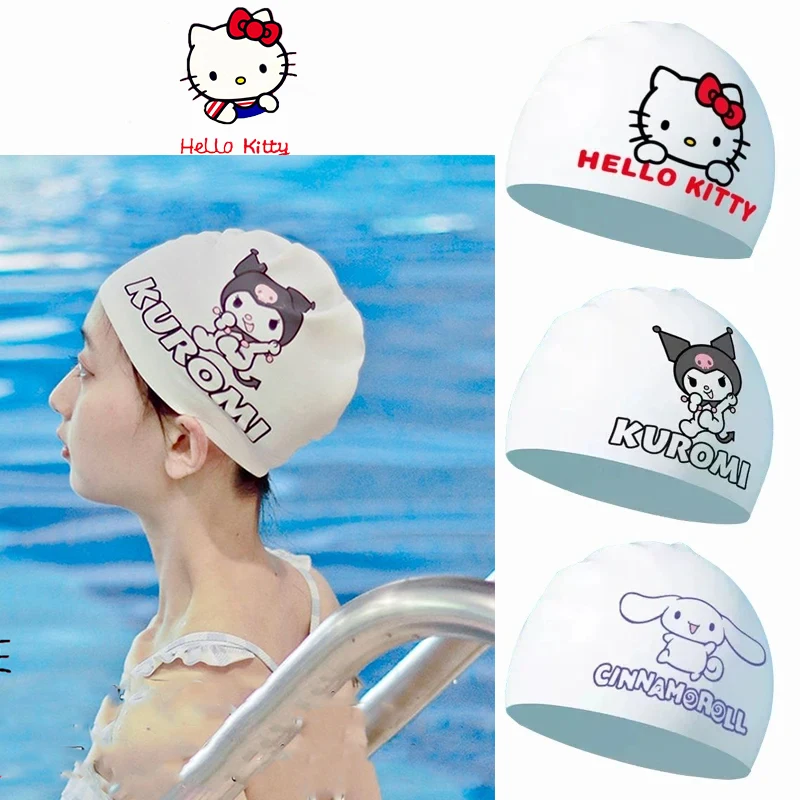 New Cute Sanrio Hello Kitty Cartoon Swimming Cap Kuromi Women Thickened Waterproof Flexible Silicone Ear Protection Swimming Cap