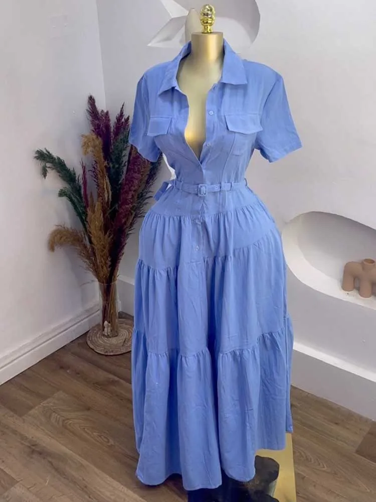 Kleid Hemd Knöpfe Frauen Einfarbig Casual Kurzarm Hohe Taille Langes Kleid EINE Linie Elegante Modest Französisch Kleid Gürtel