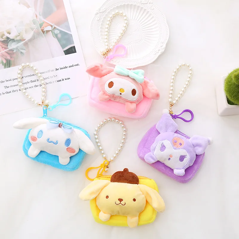 Kawaii Sanrio Kuromi Cinnamoroll Melody Doll Plush Bag Keychain Pom Pom Purin Wallet Cute Coin Purse Pendant Gifts For Girls