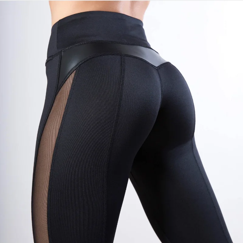 Female Sexy Sports Yoga Pants Mesh PU Patchwork Hip Lifting Gym Fitness Leggings High Waist Seamless Leggings Summer Clothes New