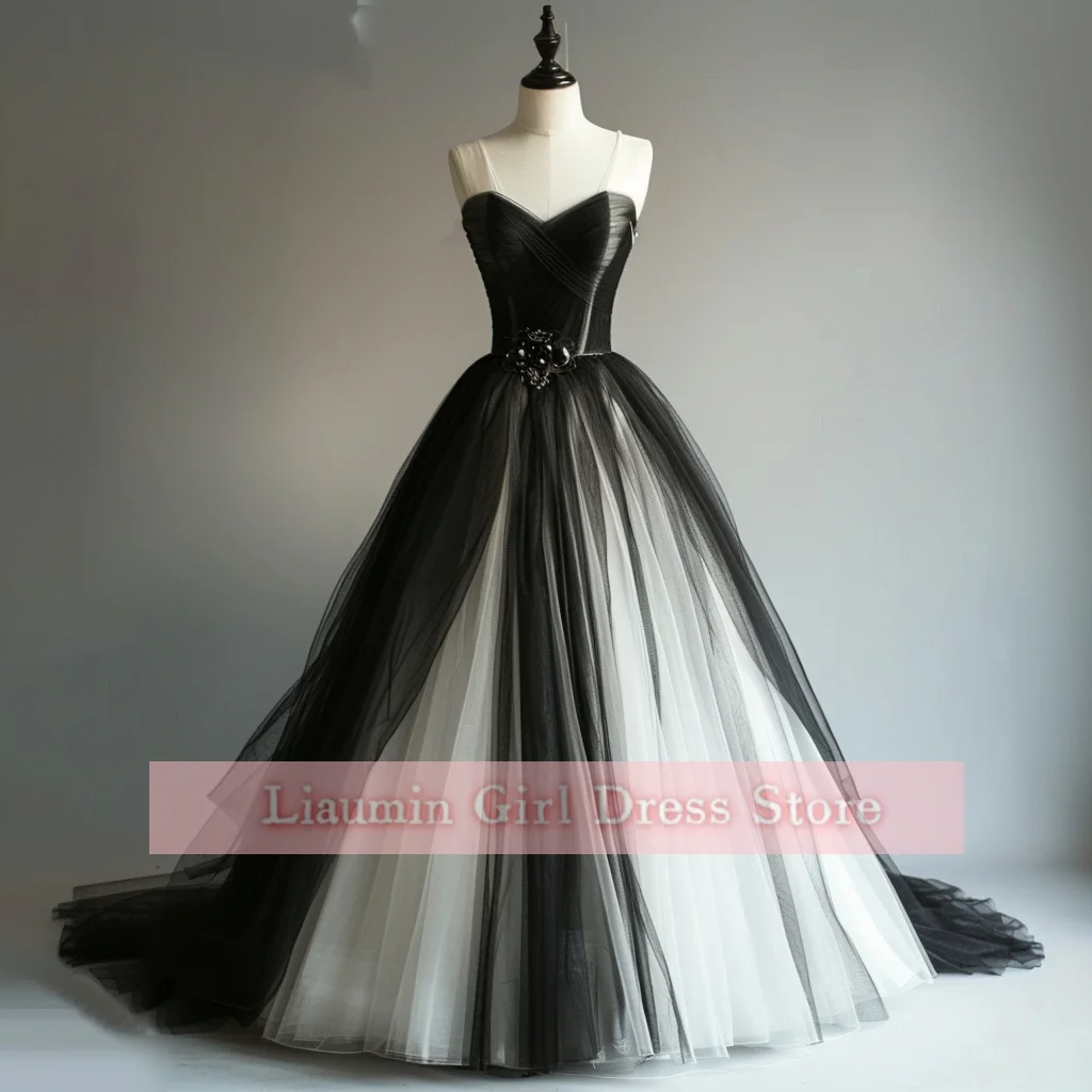 White and Black Tulle Wedding Dresses Bridal Gown Full Length Formal Brithday Party Clothing Lace Up Customized Hand Made W8-20