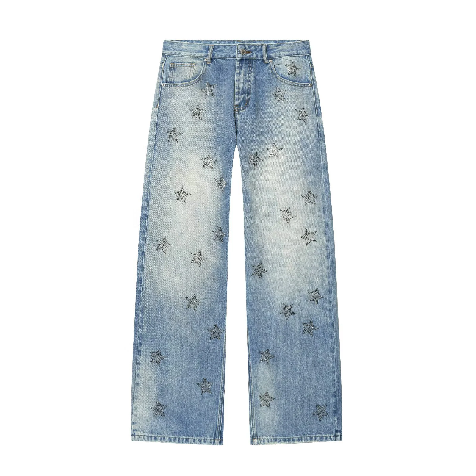 

European and American style summer new women's clothing with low waist wide legs starry sky diamond hot stamping denim pants
