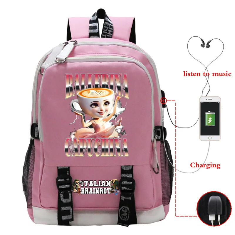 

New Italian Brainrot Backpack Students Funny Cartoon Schoolbag Usb Charging Large Capacity Backpack for Boy Girl Travel Rucksack