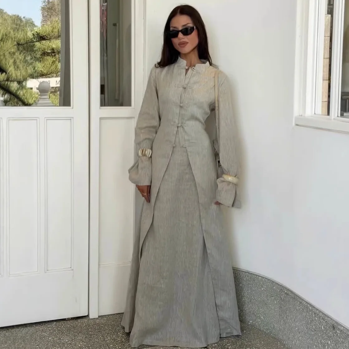 Eid Skirt Suit Women Long Coat Skirts 2 Piece Set Ramadan Single Breasted Morocco Dubai Muslim Robe Ensemble Arabic Outfits