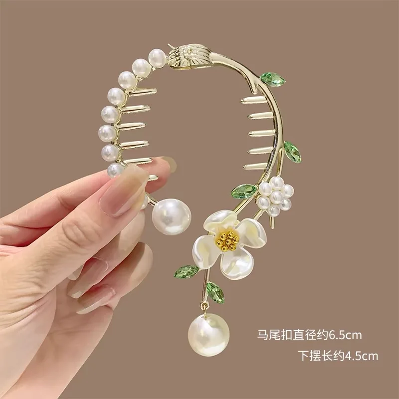 Amxiu Pearl Tassel Rhinestone Hair Clasp Bun Maker Hair Claw For Girls High Ponytail Hair Clip Temperament Hanfu Headdress 2024