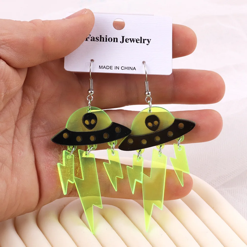 Halloween Funny Alien Spaceship UFO Fluorescent Lightning Cosmic Earrings Acrylic Creative Earrings