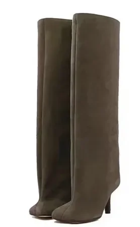 2026 Neue Wildleder- und Kniestiefel mit eckiger Spitze, schmalem Absatz, geradem Schaft, hoher Absatz, schlichte modische Stiefel, große Größen für Damen