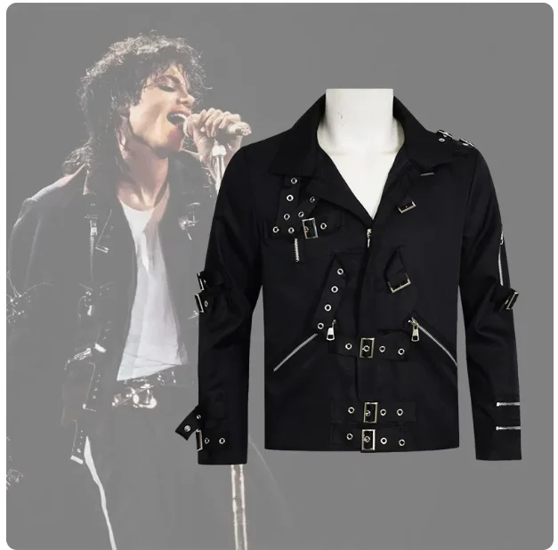 MJ Michael Jackson Cosplay Costume Black Slim BAD Punk Rock Motrocycle Jacket Costume for Man Disguise Performance Stage Wear