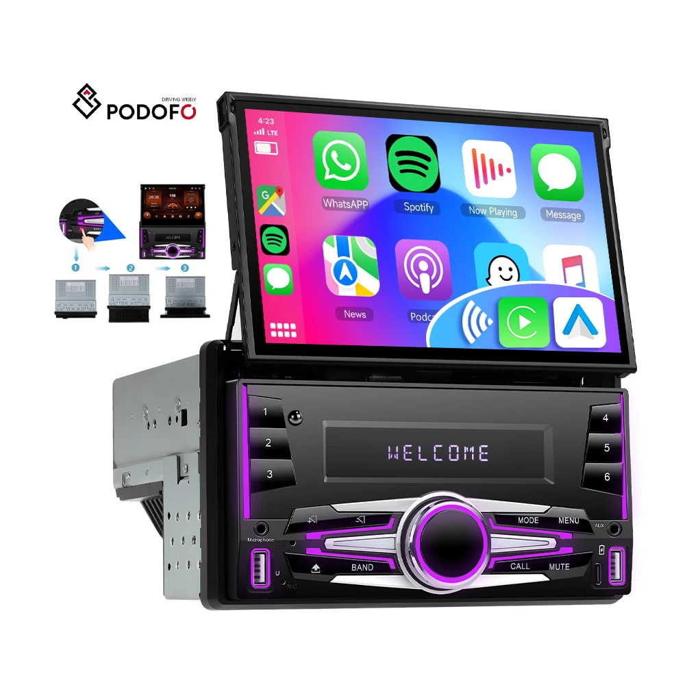 Podofo Android Car Stereo Double Din 7'' Wireless Carplay android Auto 2+64G Motorized Retractable GPS WIFI FM RDS EQ TYPE-C