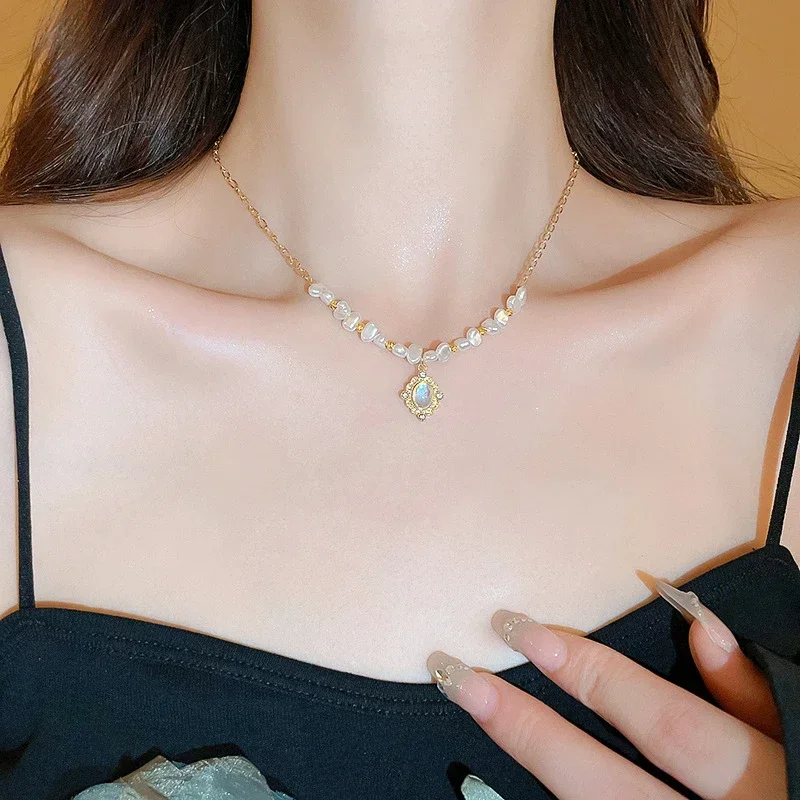 Gold Real Plated Moonstone Freshwater Baroque Pearls Necklaces for Women's Temperament Jewelry Clavicle Chain Party Gift