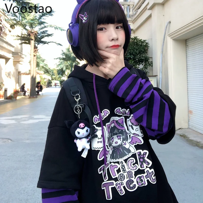 Gothic Anime Print Hoodies Fake Two Piece Hooded Sweatshirt Striped Long Sleeve Patchwork JK Hoodie Teens Punk Y2K Clothes Tops