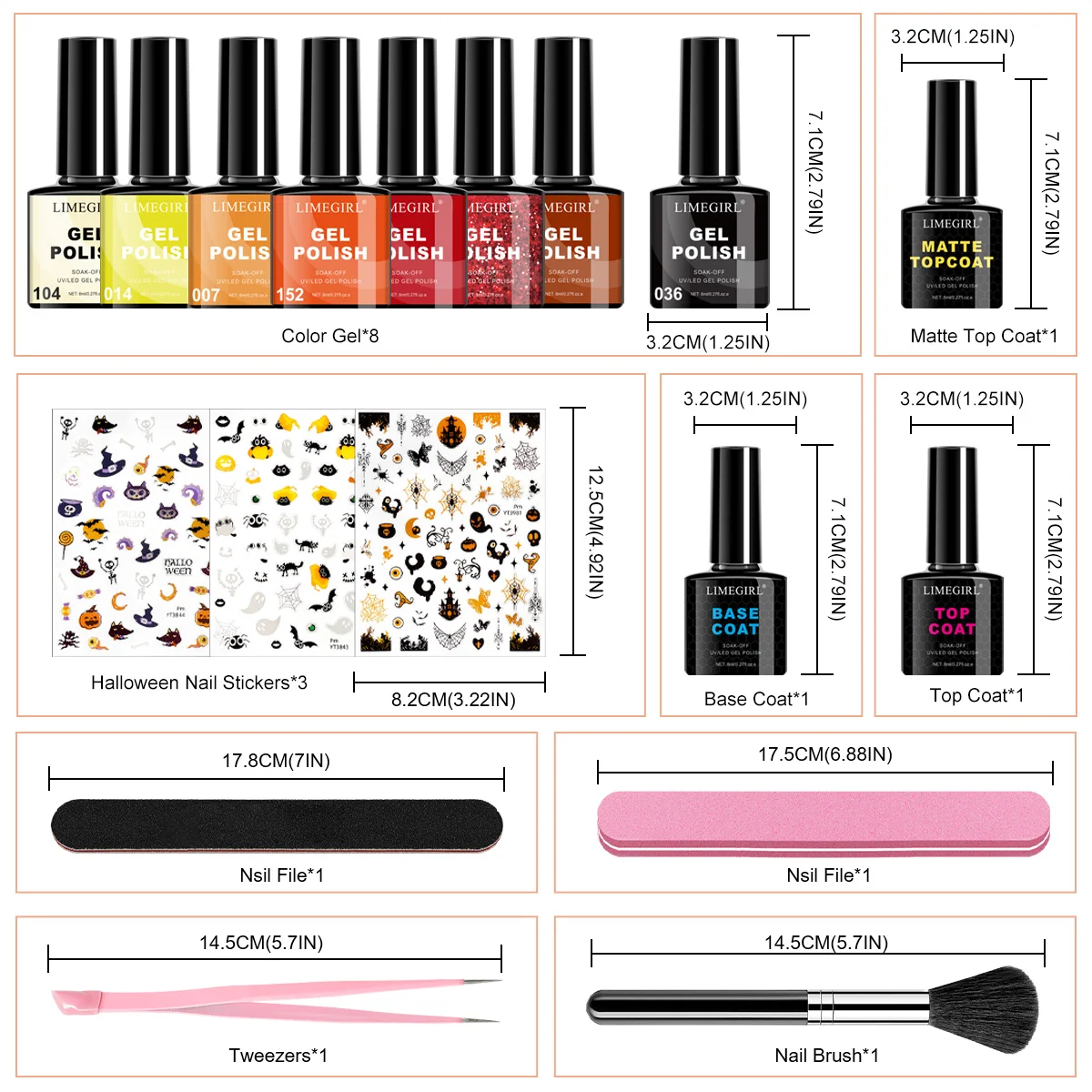 Limegirl 8 cores gel unha polonês kit halloween adesivos de unhas acessórios uv led embeber gel kit base & casaco superior polonês ferramenta de unhas
