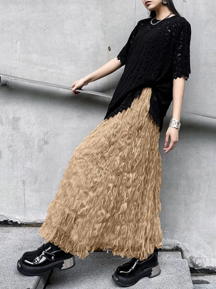 Pleated Mesh Skirt Women High Waist Solid A-Line Sweet Midi Skirts 2024 New Korean Fashion Elastic Waist Elegant Outfit Lady