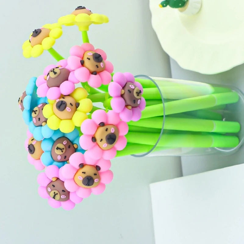 24 pcs Wholesale Creative Capibara Flower Neutral Pen High Value Cartoon Soft Rubber Brush Question Black Pen Back To School