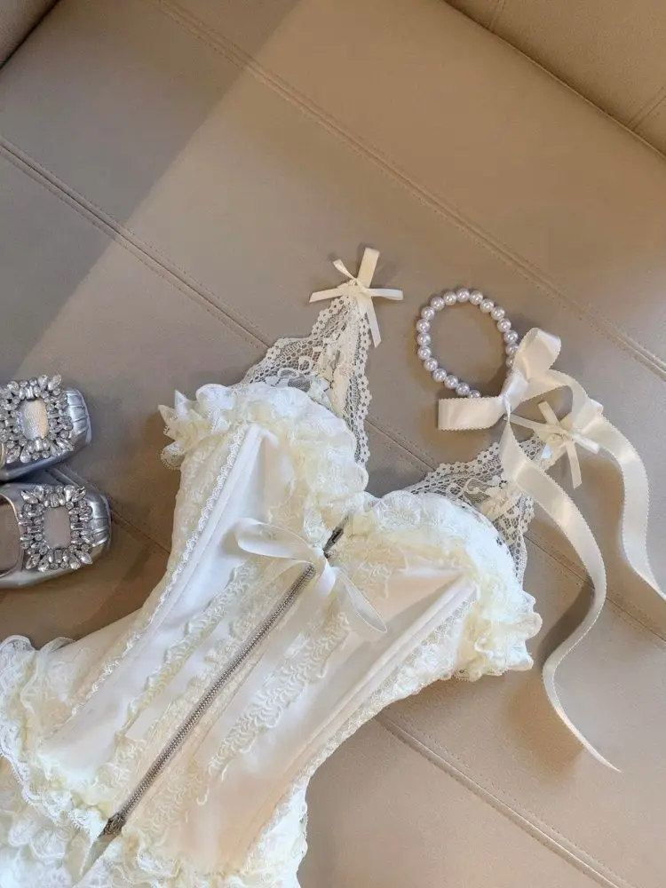 Cute Desire Lace Bustier Top High Waist Mini Cake Skirt Set Sexy Corset Cami Winter Outfit Ruffled Tulle Two Piece Lolita Style view 2