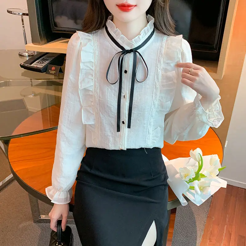 

New Women's Stand Up Collar Long Sleeved Shirt with Velvet Ruffle Edge French Versatile Slimming Top Shirt