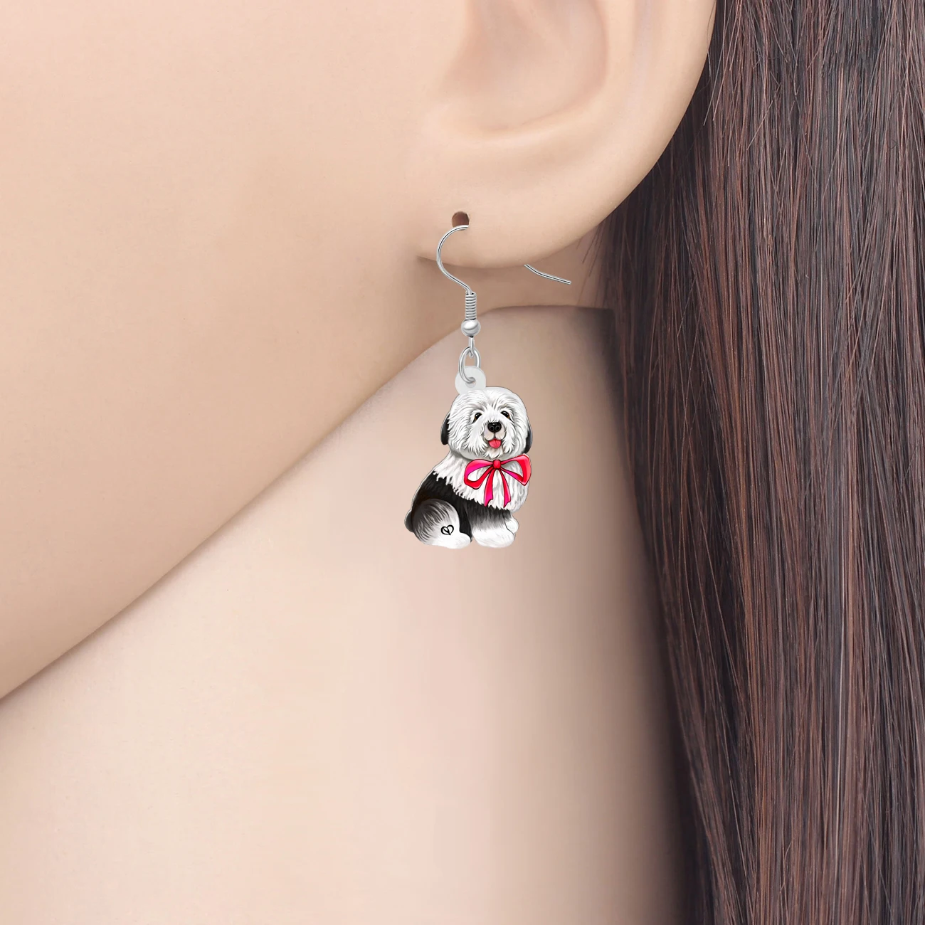 BONSNY Acrylic Cute Black White English Sheepdog Puppy Drop Dangle Earrings Jewelry For Women Girls Kids