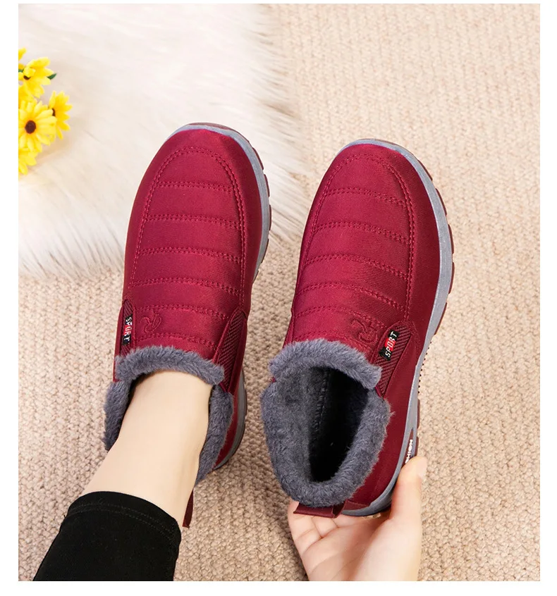 Damen Winter Fleece-gefütterte Slip-On Schneestiefel Wasserdichter Stoff Rutschfeste Robuste Sohle Warme Knöchelhohe Outdoor-Wanderstiefel – Detail 10
