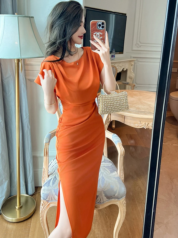 short sleeve satin dress Gmeitoey Women's Formal Cap Sleeves Midi Cocktail Wedding Guest Made from luxurious satin Dresses for Birthdays Parties, roade Size:S | in stock