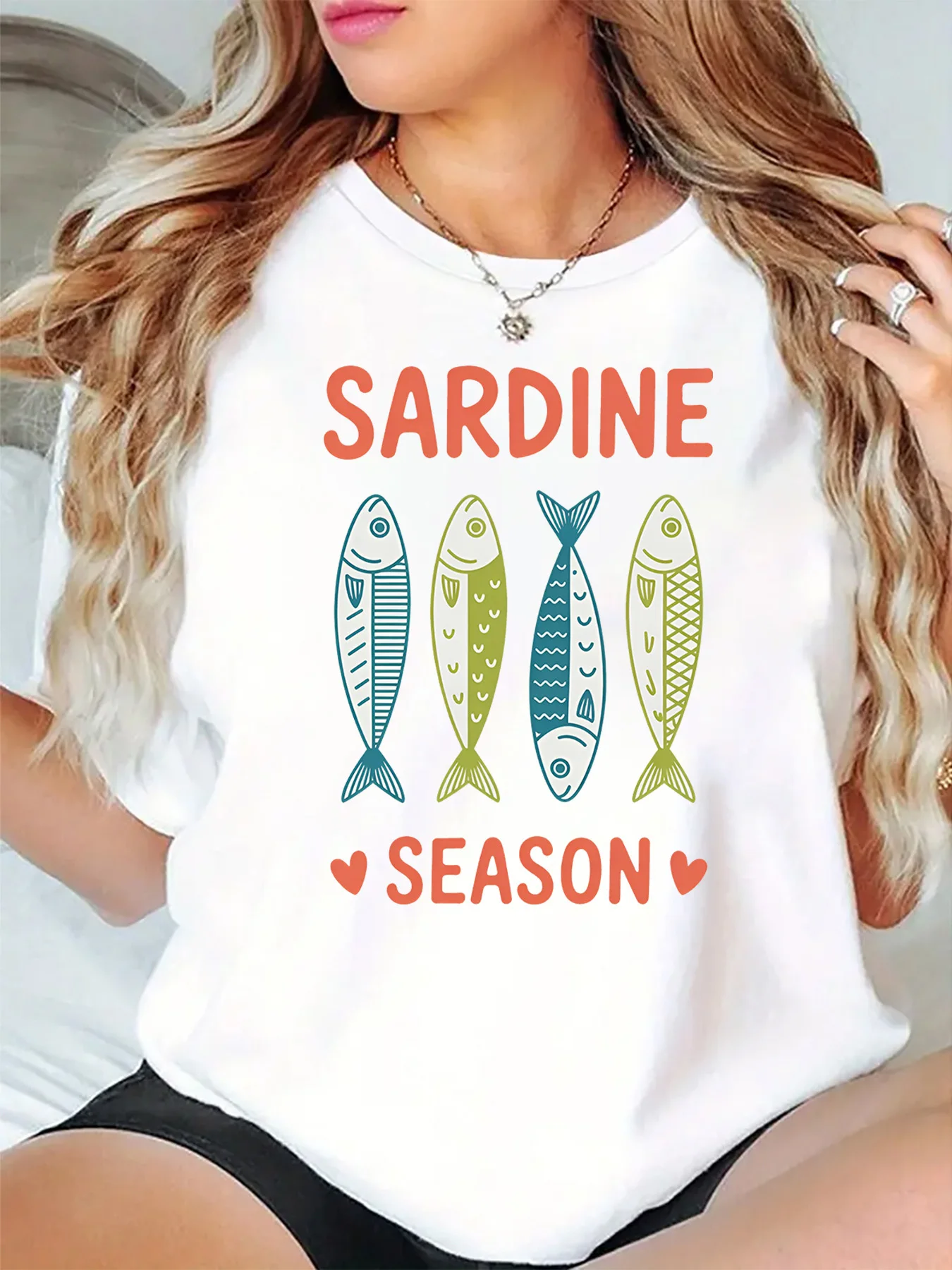 Sardine Season Four Colorful Sardine Fish Heart Graphic Womens T Shirt Short Sleeve Crew Neck Sea Food Casual Ladies Tee Tops