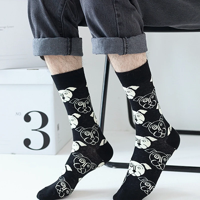 Funny Cartoon Animal Men Socks Middle Tube Cotton Colorful Dog Cat Patterns Crew Socks Soft Red Black White Color Socks