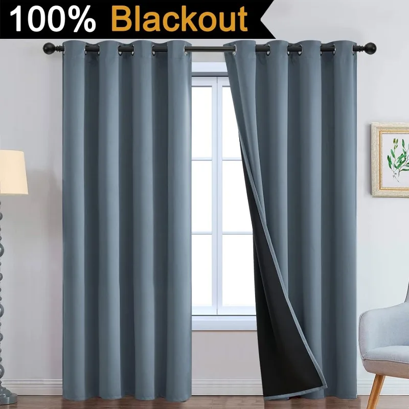 100% Blackout Lined Panels, Thermal Insulated Blackout Curtains for Bedroom,(52Wx84L, Stone Blue, 2 Panels)