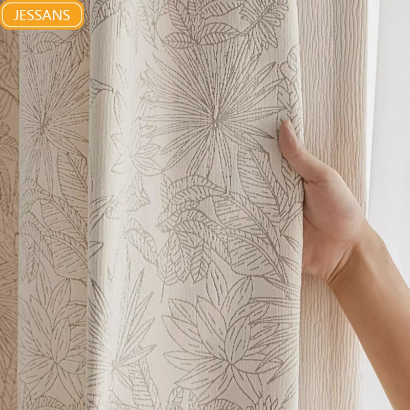 French Relief Leaf Jacquard Cream Beige Thickened Chenille Curtains for Living Room Bedroom French Window Balcony Window