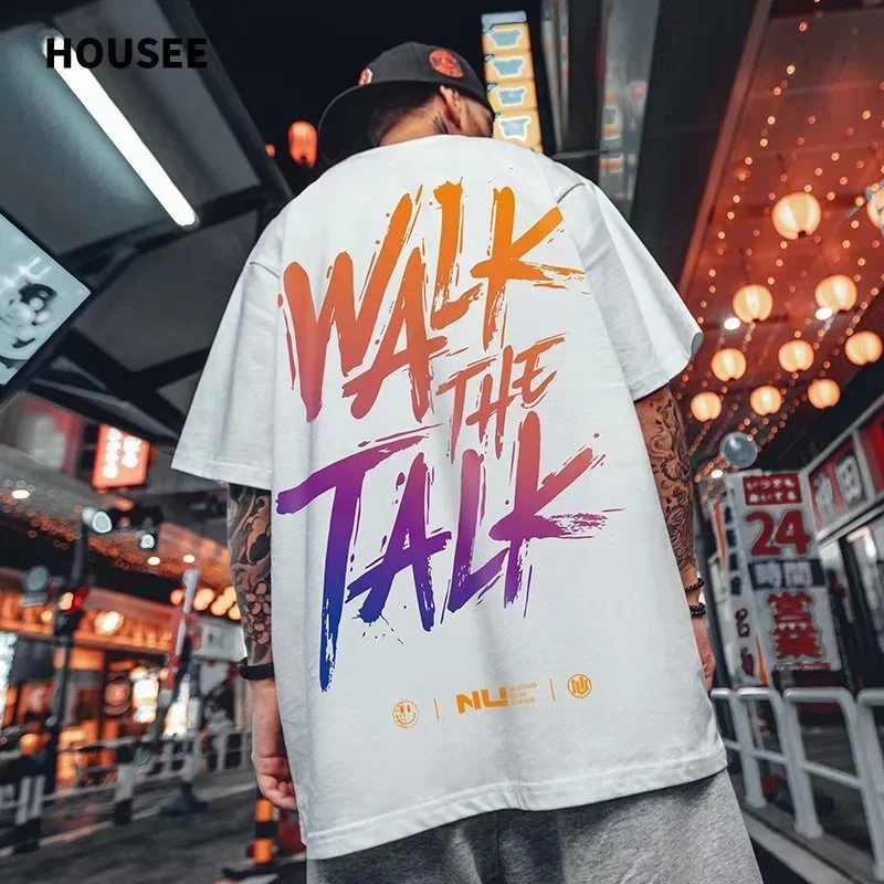 

Walk The Talk Letter T-Shirt For Men Oversized Short Sleeve Print Tee Summer High Street Tops Casual y2k Camisetas de Hombre
