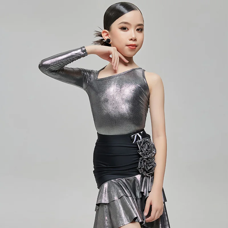 

Silver Glossy Latin Dance Dress For Girls Chacha Rumba Performance Clothes Latin Practice Wear Competition Dress DQL9449