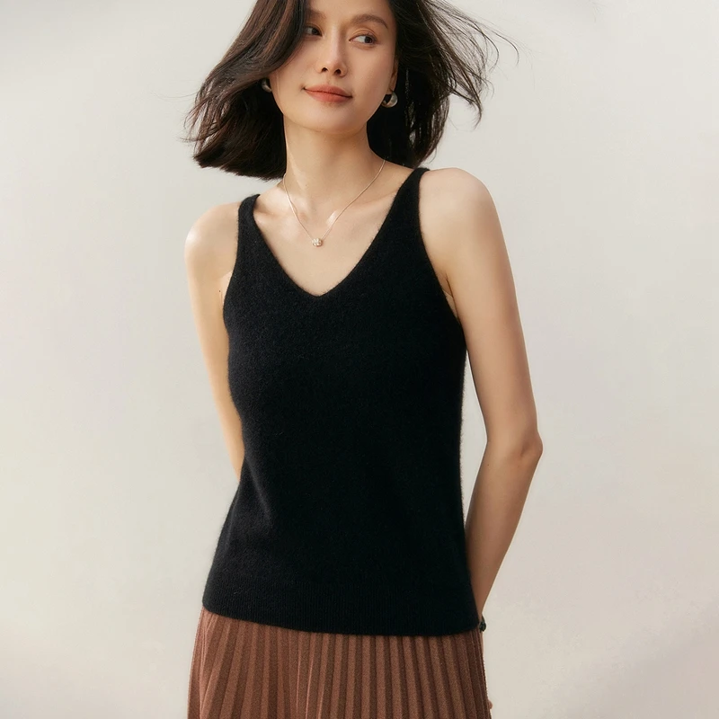 Otoño/Invierno, cárdigan de Cachemira de 100% para mujer, conjunto de dos piezas con tirantes, suéter de punto liso informal, Tops holgados con cuello en V, jersey cálido