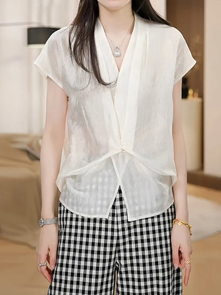 

Elegant V-Neck Shirt Women's Summer New Style Beautiful Knot Slimming Top Comfortable Breathable Casual Fashion plus Size