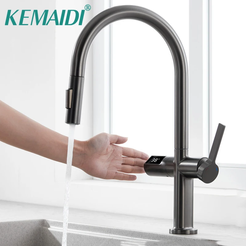 KEMAIDI Temperature Digital Display Touchless Kitchen Faucets Sensor Smart Handle Kitchen Sink Faucet withPull Down Sprayer