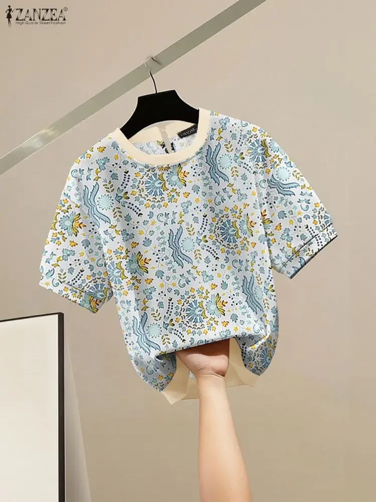 ZANZEA Vintage Donna Top Stampa Camicetta Camicie estive 2025 Moda Manica corta Casual O-Collo Tunica Allentato Caftano Blusas Femininas