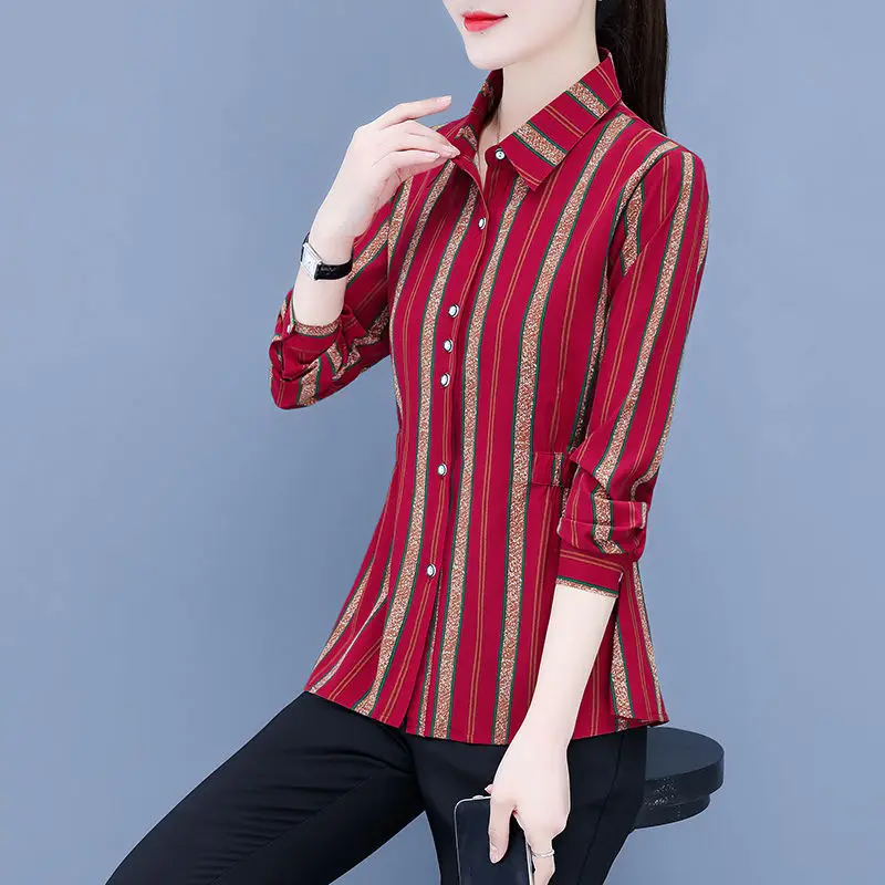 Striped All-match Fashion Women\'s Clothing 2023 Spring Long Sleeve Button Slim Tops Women New Elastic Waist Shirt