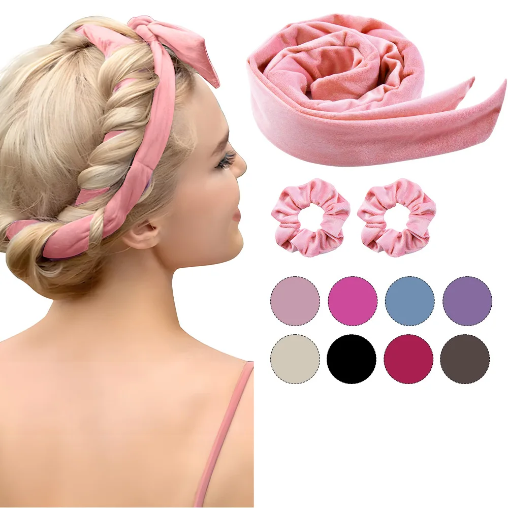 

3pcs Satin Heatless Curling Set Extra Long Heatless Velour Curling Rod Headband Women No Heat Soft Cotton Curling Ribbon Kit
