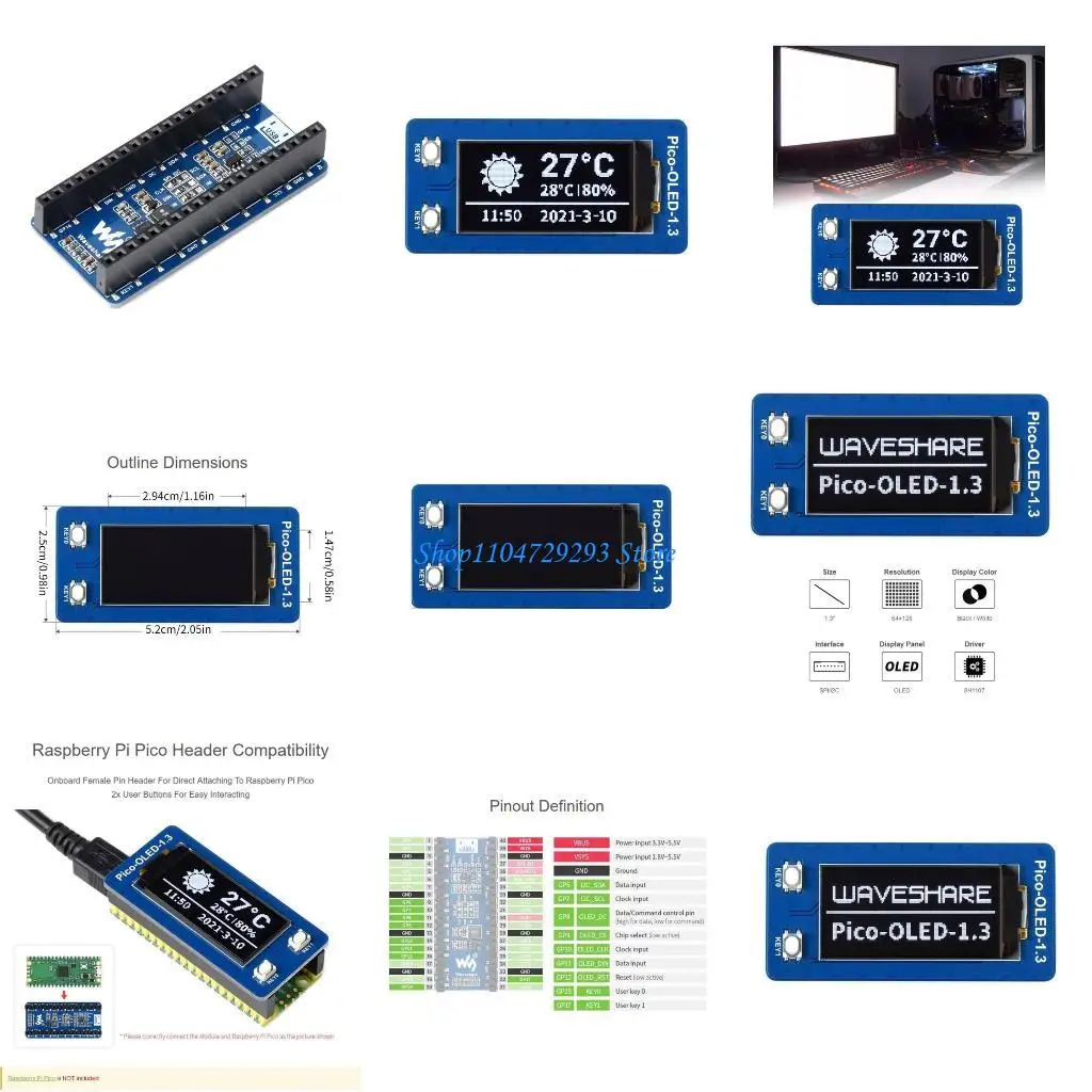 Y2GD 1.3 inch OLED Display Screen for RaspberryPiPico, 64×128 Pixel, 4-wire SPI and I2C interfaces 3.3V Operating