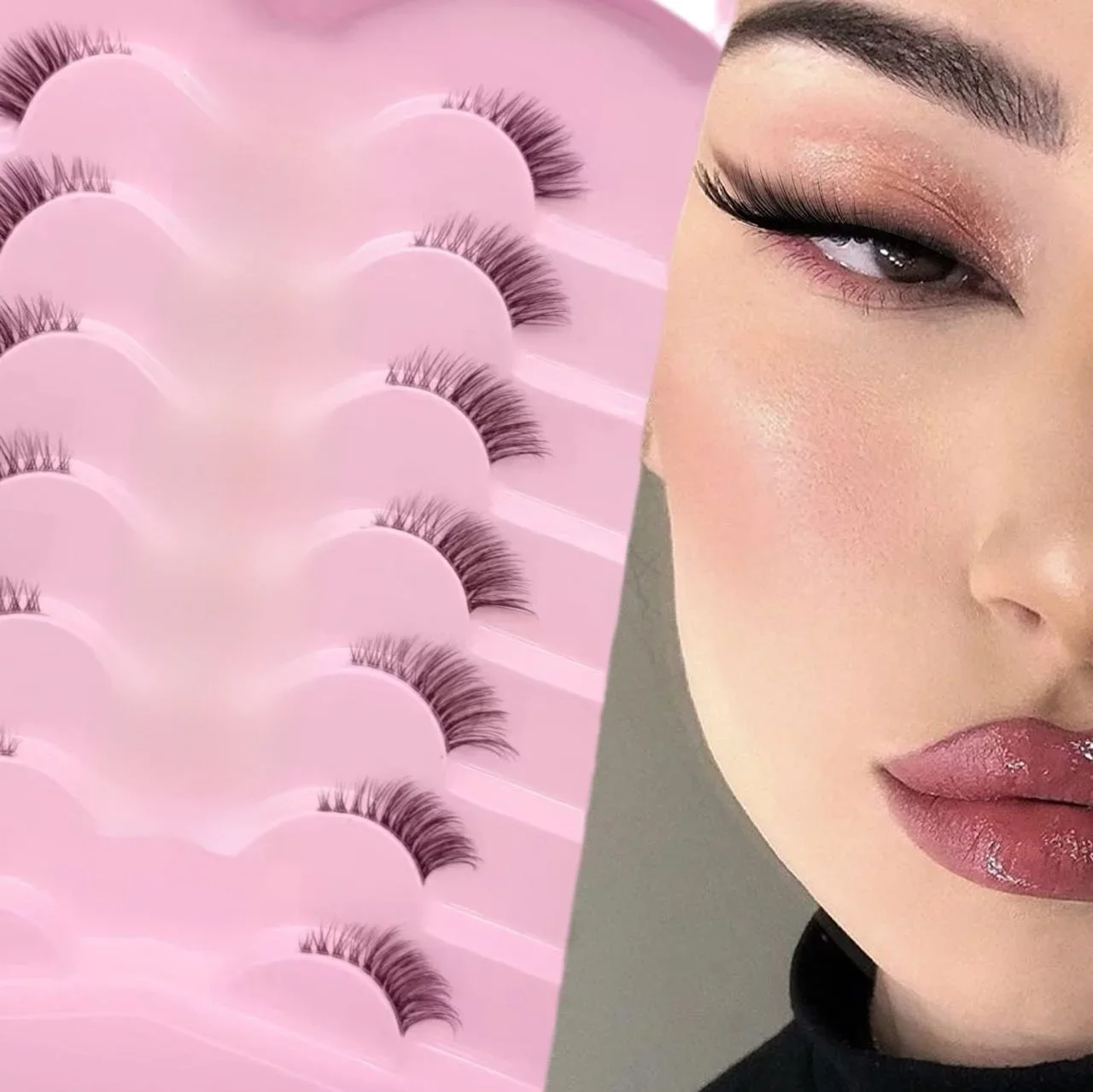 7 Paar feine Katzenaugen-Falsche Wimpern mit transparentem Band, weiche, flauschige Halbwimpern, perfekte Locken mit natürlicher Wirkung