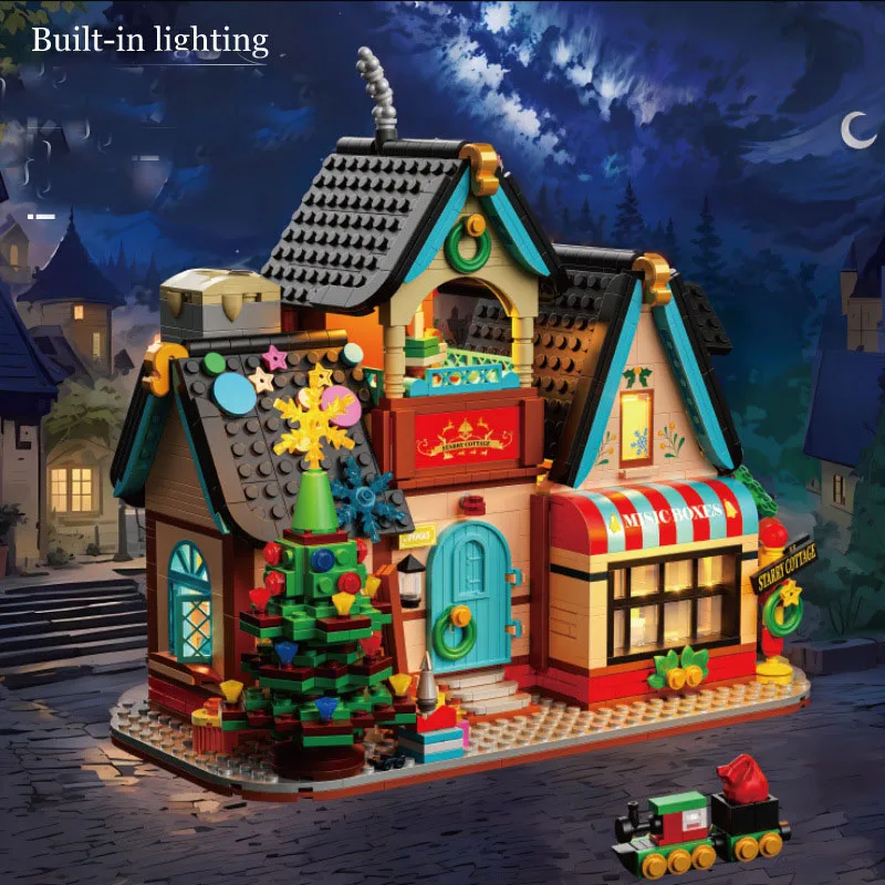 Winter Starry Cottage with Lighting Xmas Tree DIY Micro Building Brick Toy Christmas Gift