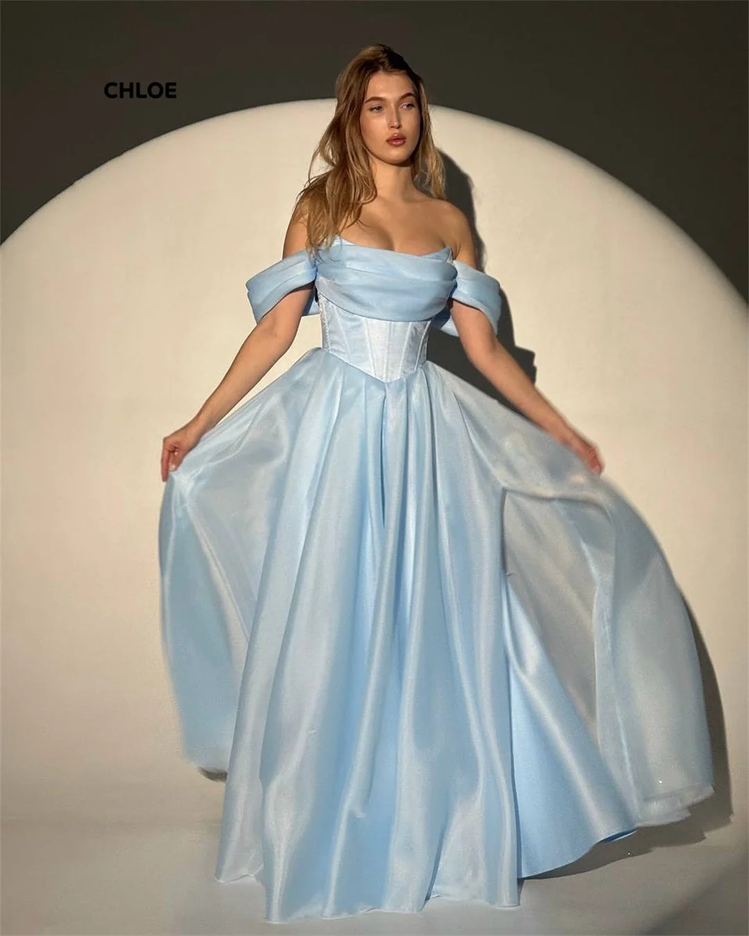

Line A Dubai Evening Dresses Luxury Women's Elegant Party Dress Blue Off the Shoulders Customized Chiffon Formal & Evening Gowns