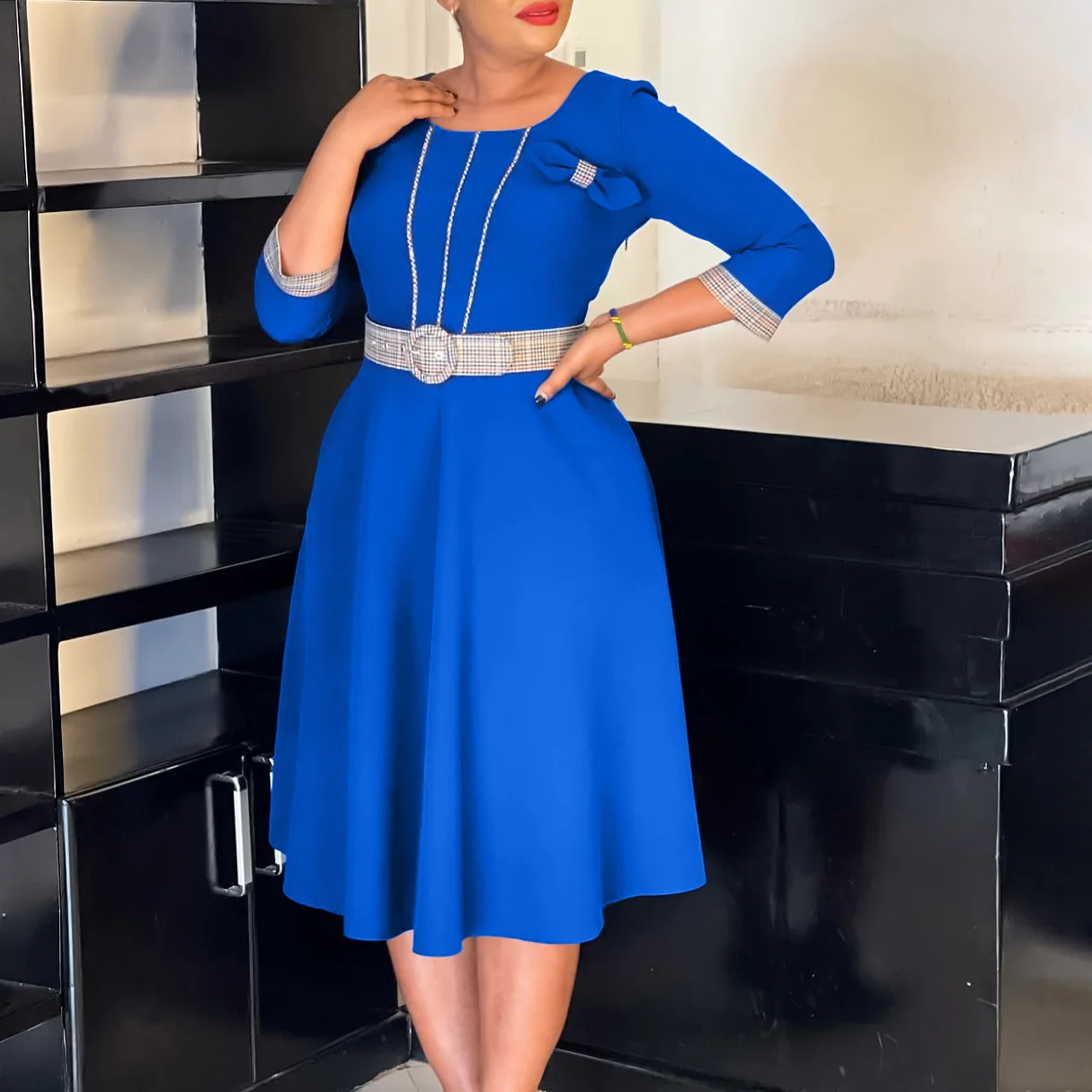 

Women Dress Mid Length Dresses A Line Vestidos Y2k Streetwear Elegant Splice Party Night Work High Waist Belt Slim Fit Autumn