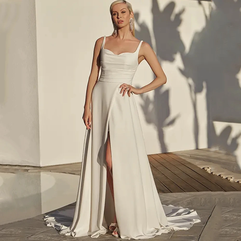 

Simple Side Slit A-Line Wedding Dress Floor Length with Sweep Train Square Collar Sleeveless Sexy Open Back Bridal Custom Gowns