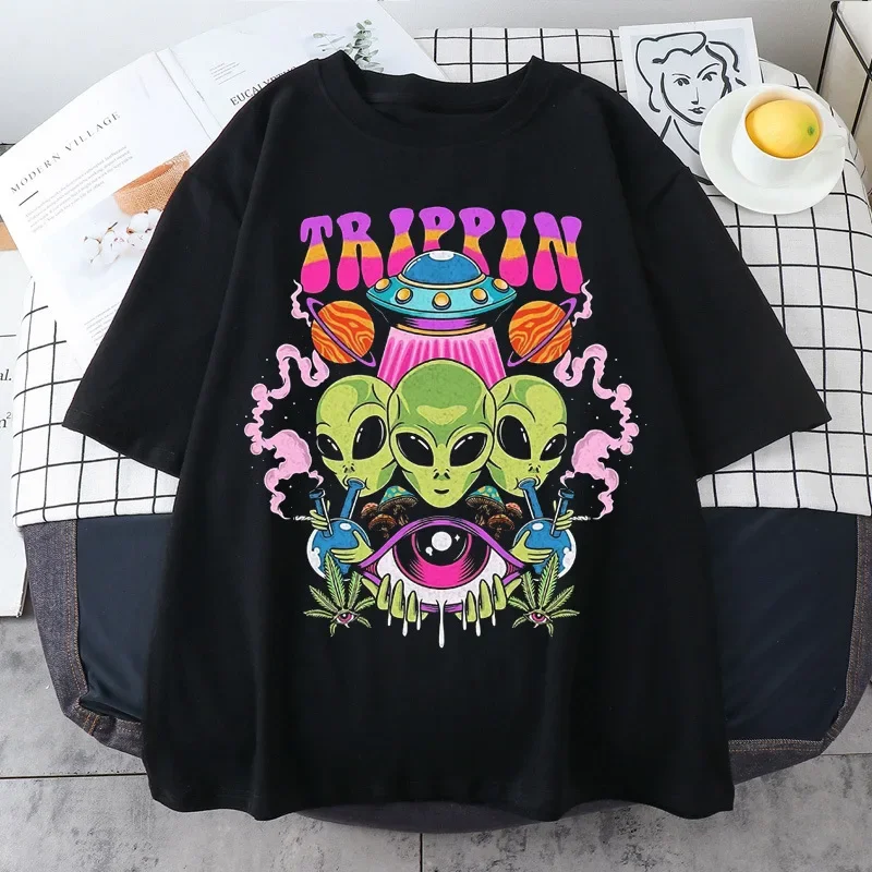 Harajuku Gothic Men's Tshirt Creative Alien Print Tops Women Summer Fashion Casual Ladies Clothing Tee Ropa Mujer