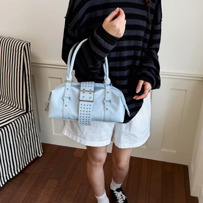 American Street Style Fashion Rivets Pillow Bag Large Capacity Motorcycle Bowling Handbag Single Shoulder Crossbody Women's Bag