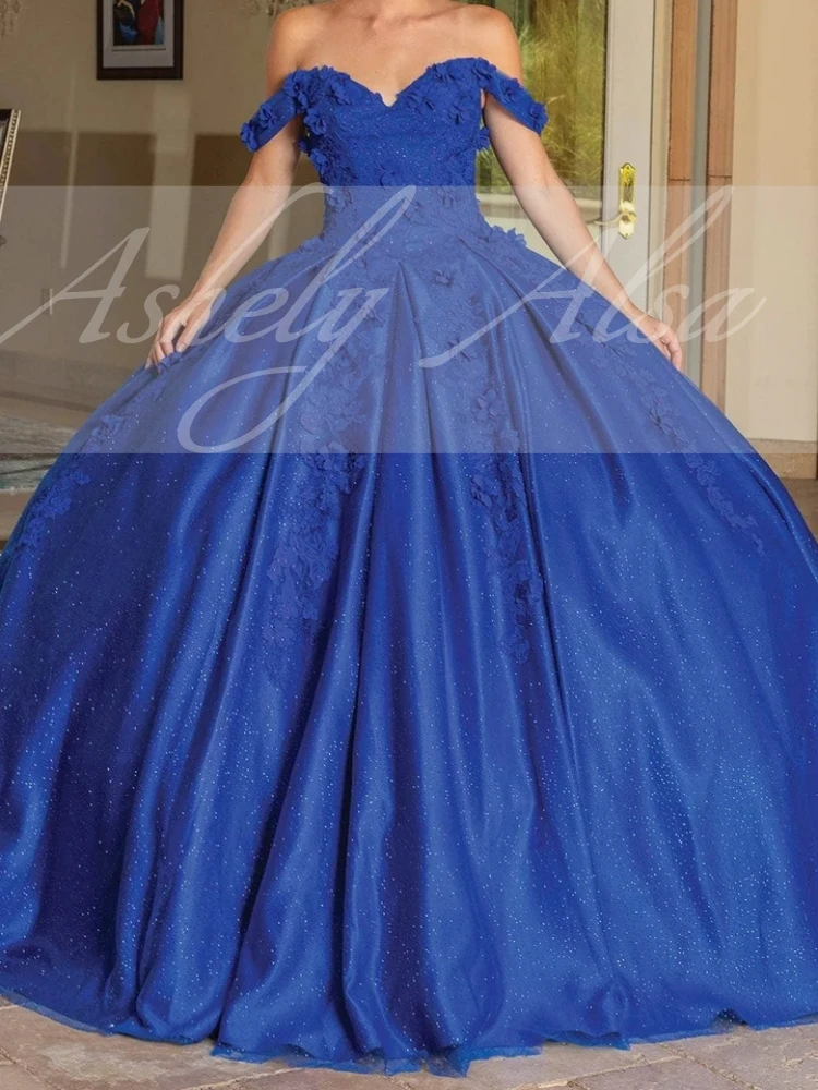 Elegante Koningsblauwe Vrouwen Feestjurken Voor Bruiloft V-Hals Kant Applique Gezwollen Rok Gelegenheid Wear Vestido De 15 Quinceanera