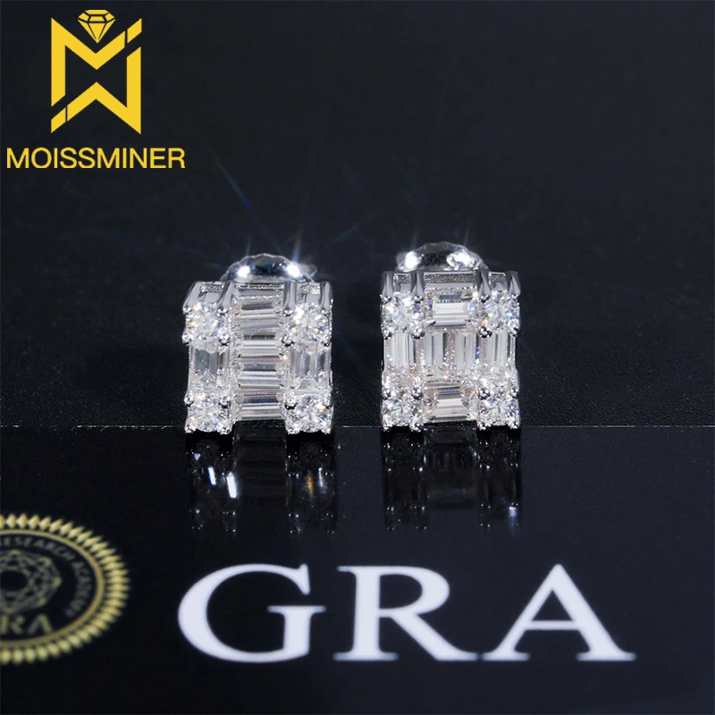 

S925 Silver Baguettes Moissanite Bling Earrings Iced Out For Men Women Hip Hop Jewelry Pass Diamonds Tester With GRA