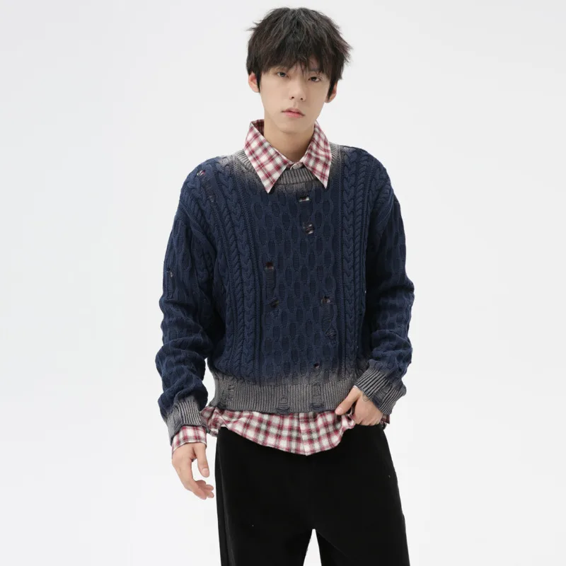 Syuhgfa neue koreanische Art Herren bekleidung Pullover 2024 Herbst runden Kragen Aushöhlung Loch Design Strick oberteil Vintage Herren oberteil