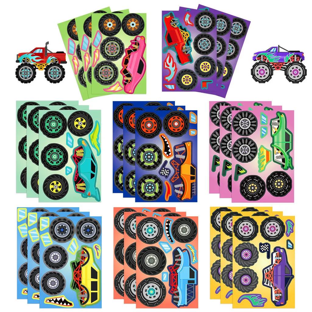 8 Hojas de Pegatinas Impermeables de Monster Trucks para Casco, Cuaderno, Estuche de Lápices, Calcomanías Doradas de Recuerdos