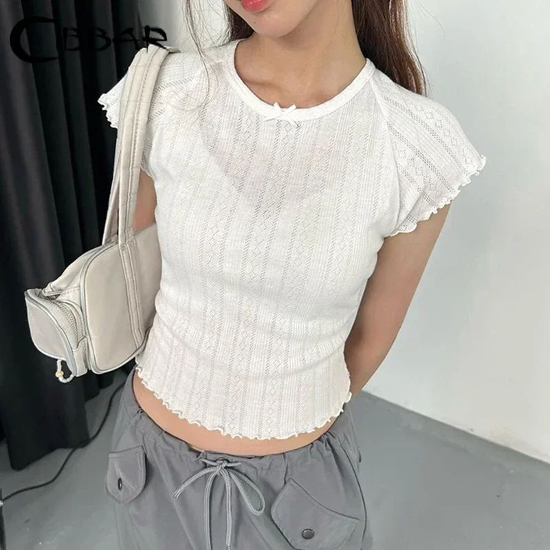 Y2k Sweet Ruched O Neck Skinny T Shirts White Short Sleeve Cropped Top Sexy Hollow Out See Through Women T-shirt Vintage