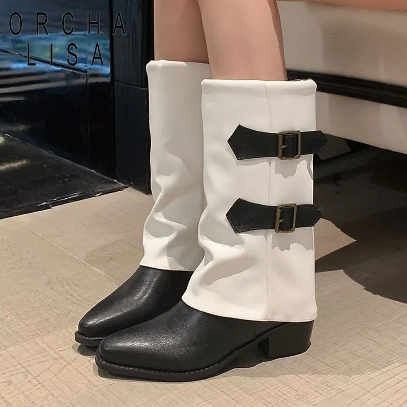 

ORCHA LISA Fashion Design Women's Mid Calf Boots Square Toe 5cm Thick Heel Slip On Belt Buckle Mixed Color Plus Size 42-43 Fall